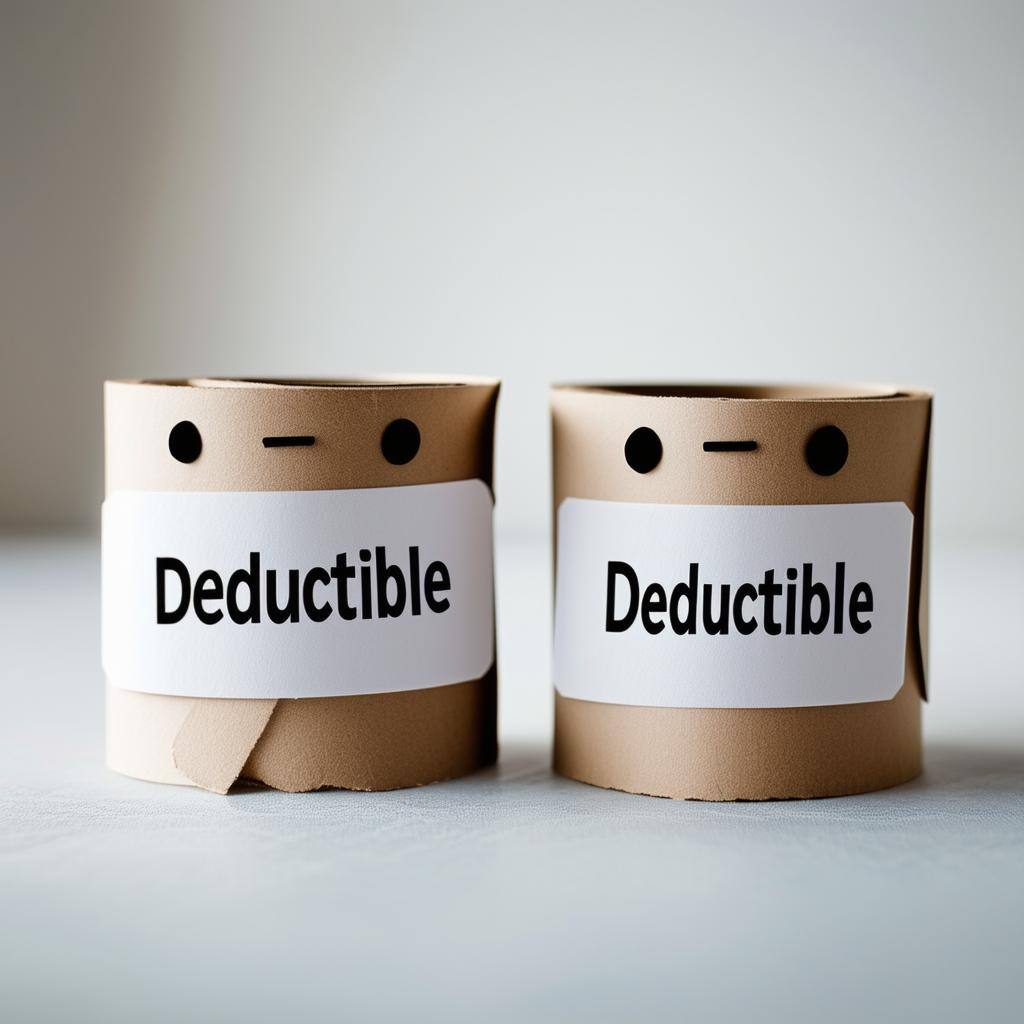 two rolls of paper with a face and a nametag that says deductible in two different rooms