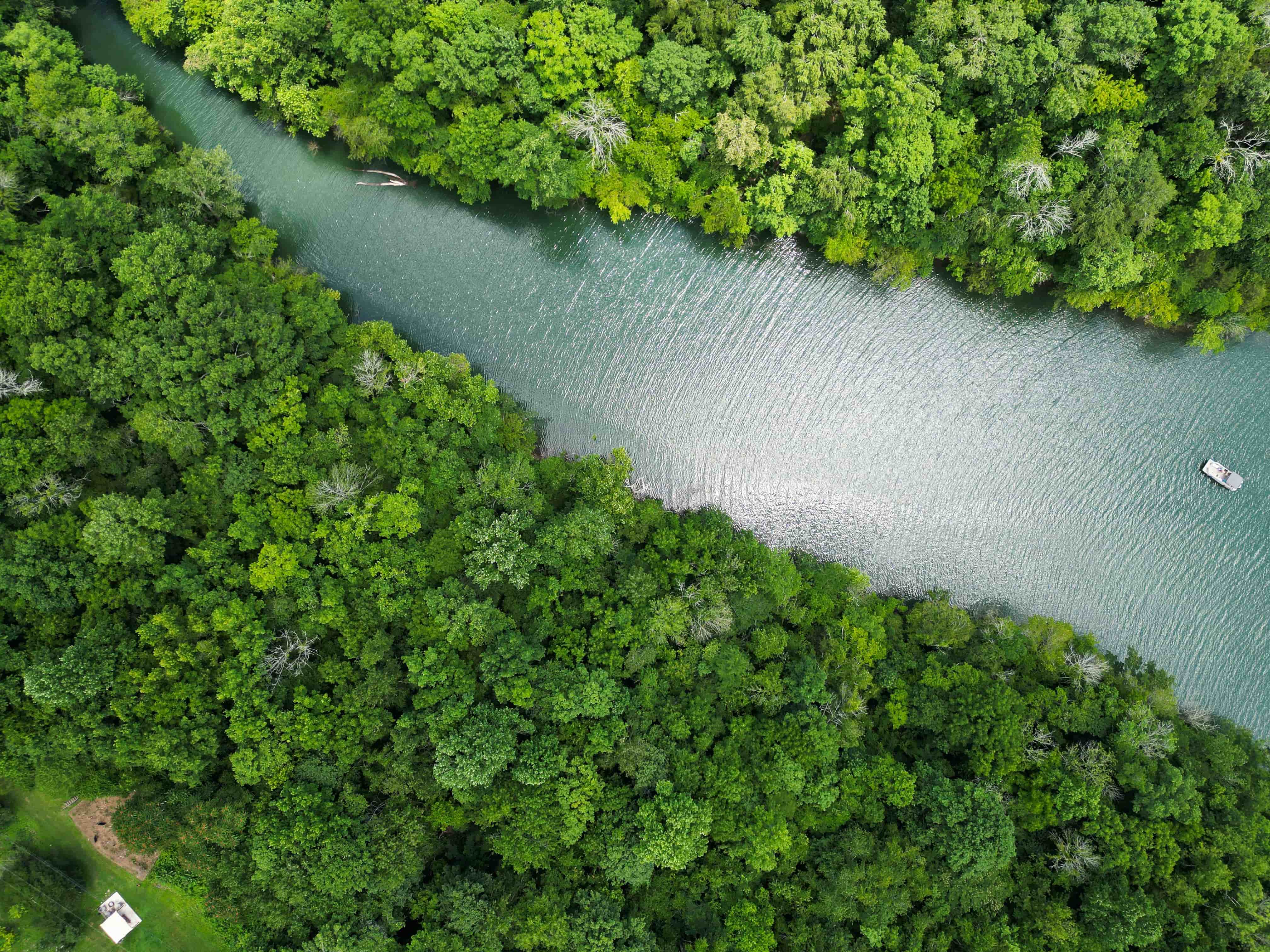 Aerial view of homes and streets in Muscle Shoals submerged under floodwater after heavy rains, showing extensive flooding around houses and along roadways