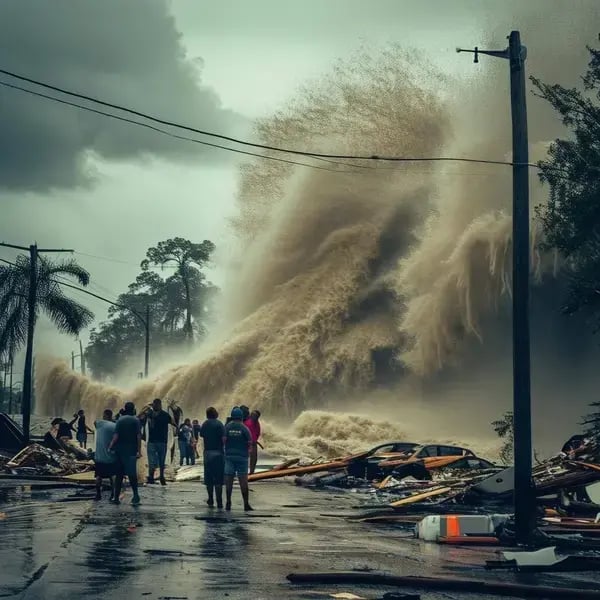 An image of a hurricane hitting Georgia with people facing challenges and receiving disaster assistance