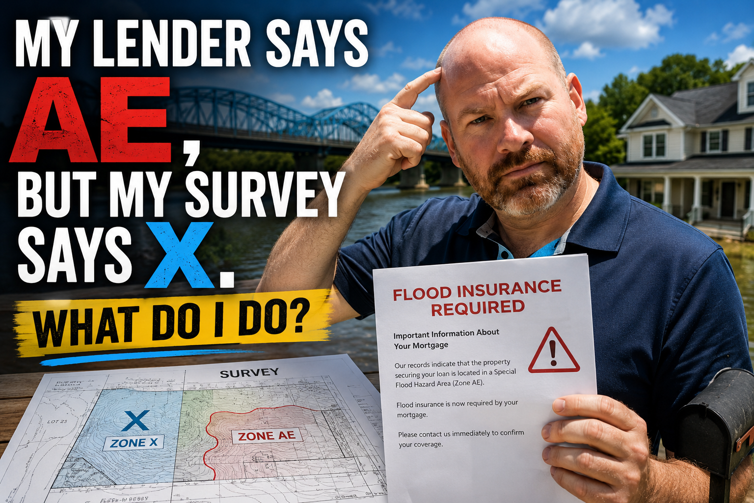 Homeowner holding a flood insurance required notice after lender says Flood Zone AE while property survey shows Zone X. 