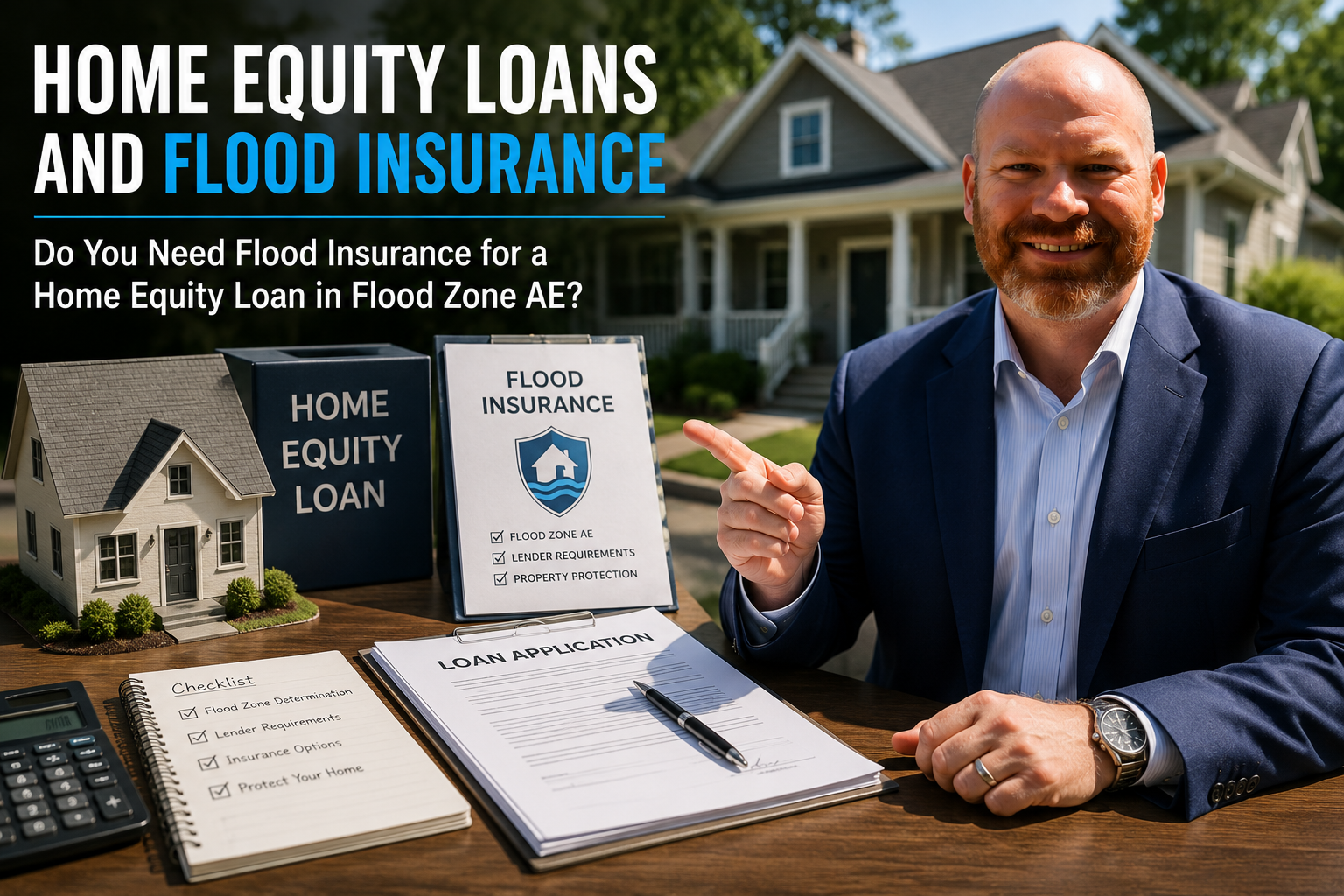 Chris Greene explains home equity loan flood insurance requirements in Flood Zone AE beside loan documents, a model home, and flood insurance paperwork, illustrating how HELOCs and home equity loans can trigger lender-required flood insurance.