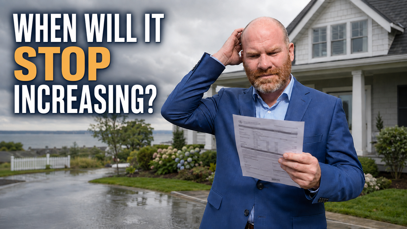 Chris reviews a rising flood insurance bill outside a coastal home, wondering when premium increases will stop.