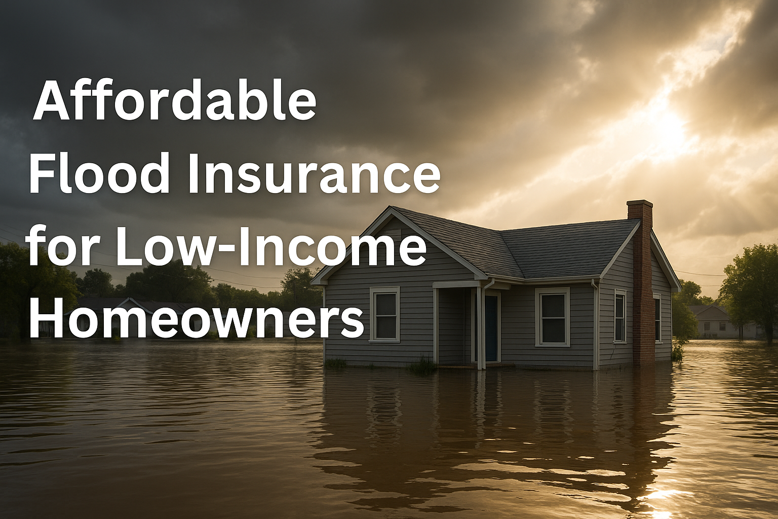 small gray home partially flooded under a dramatic sky with sunlight breaking through clouds. Bold white text reads 'Affordable Flood Insurance for Low-Income Homeowners.