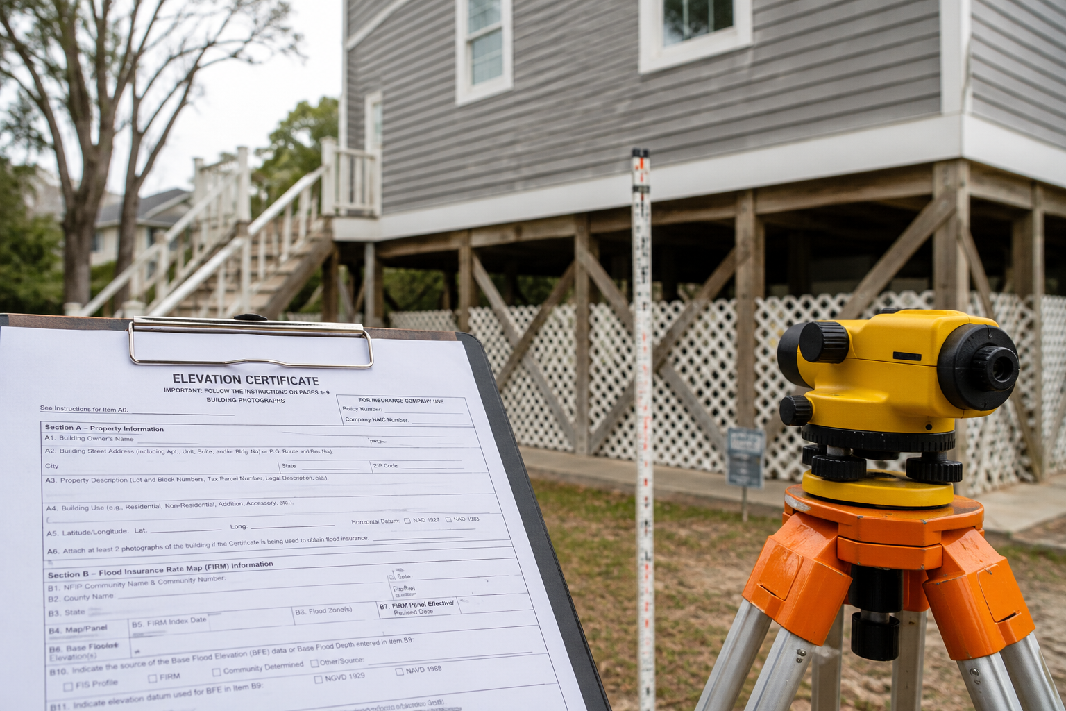 “Surveying equipment and an elevation certificate form in front of an elevated coastal home, illustrating how elevation measurements are used to determine flood insurance rates.”