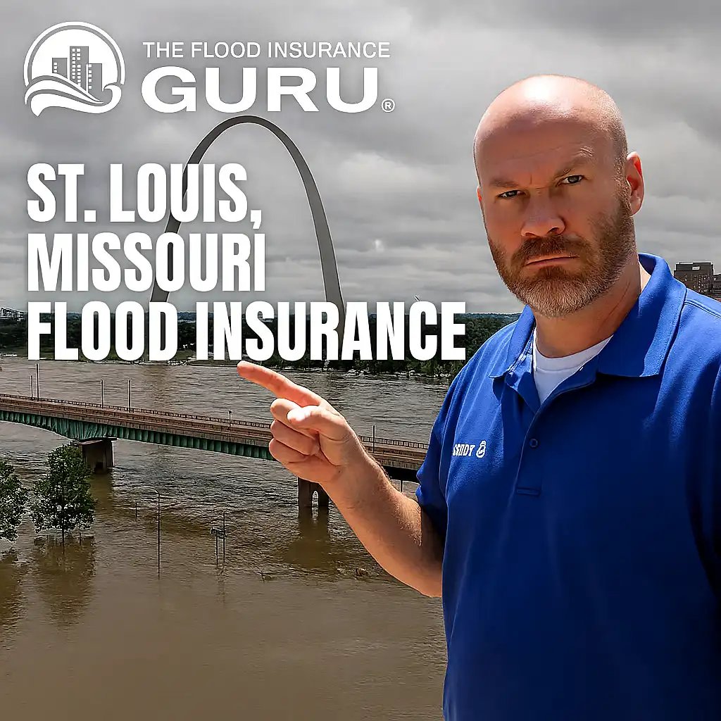 The Flood Insurance Guru promotional graphic showing an agent in a blue polo pointing toward text that reads St. Louis, Missouri Flood Insurance, with the Gateway Arch and flooding in the background.