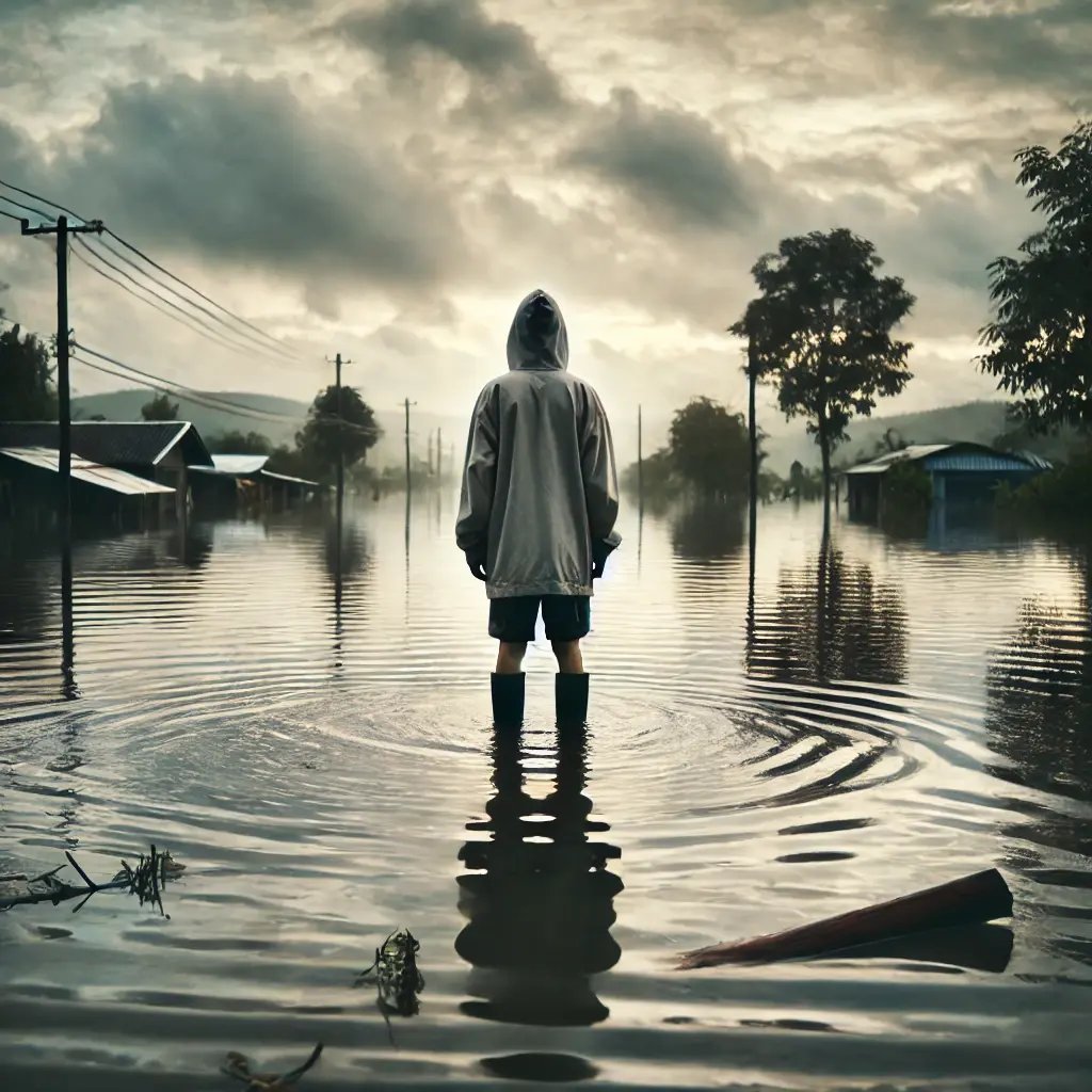 DALL·E 2024-10-02 16.10.36 - A person standing in waist-deep floodwater in a recently flooded area. The background shows a submerged landscape with partially visible houses and tr