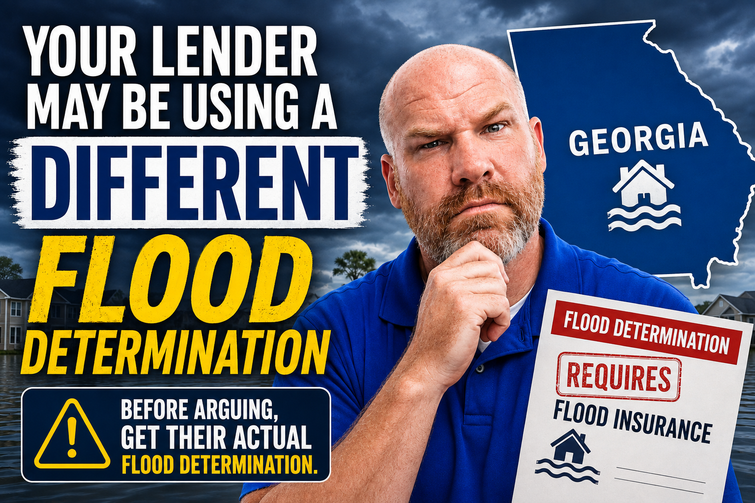 Georgia homeowner reviewing a lender flood determination showing required flood insurance, highlighting why a lender’s flood-zone determination may differ from other property documents.
