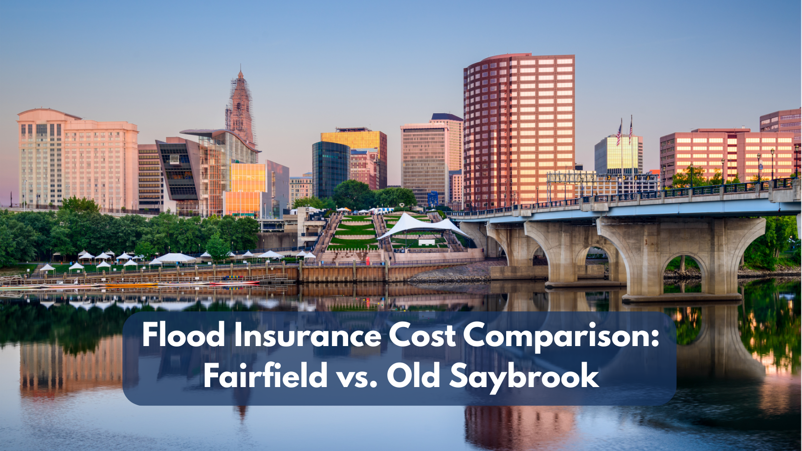 A cityscape view of Connecticut at sunset with the caption: 