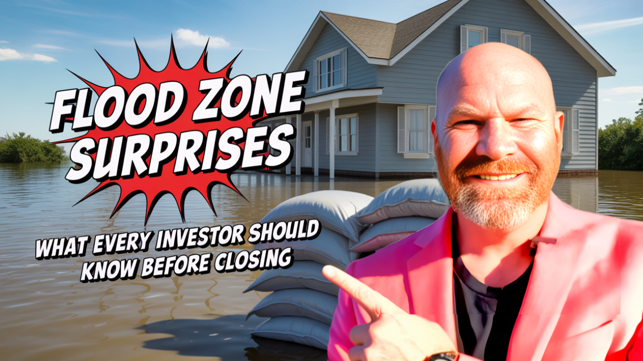 Man in a bright pink blazer smiling and pointing in front of a flooded house with sandbags; bold comic-style text reads “Flood Zone Surprises – What Every Investor Should Know Before Closing.”