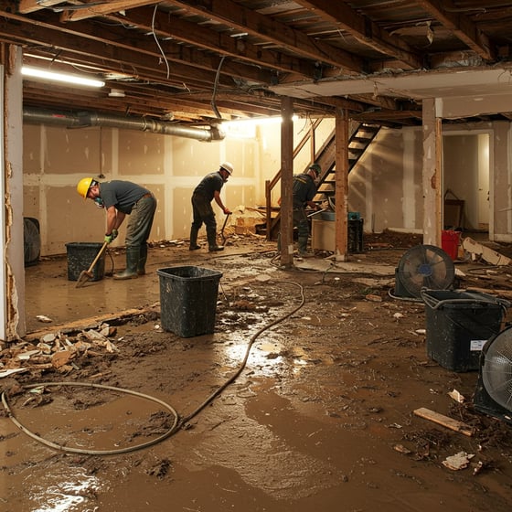 Homeowner repairing flood-damaged finished basement with private flood insurance claim.