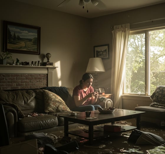 Homeowner looking at flood damage in living room