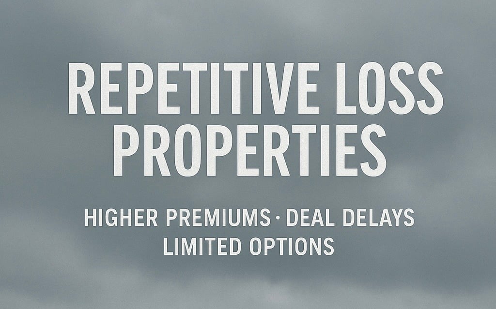 Wide-angle view of a small gray house partially submerged in floodwater, with bare trees spread across the distant background. Overcast sky. Text overlay centered in upper third: “Repetitive Loss Properties”. Subtitle below: “Higher Premiums • Deal Delays • Limited Options”. Scene should be balanced left to right, with plenty of horizontal space. Cinematic, serious tone.