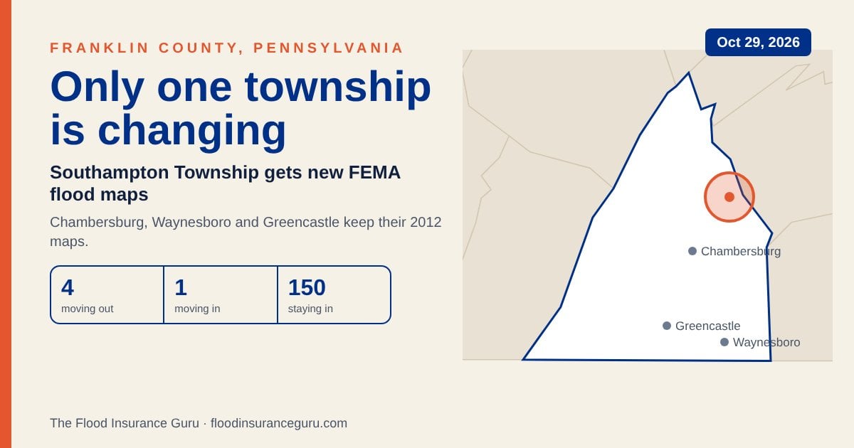 Map of Franklin County, Pennsylvania marking Southampton Township, the only area getting new FEMA flood maps on October 29, 2026
