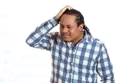 Confused. Portrait young man thinking daydreaming trying to remember something scratching head isolated white background. Negative emotion facial expressions feelings. Short term memory loss, failure