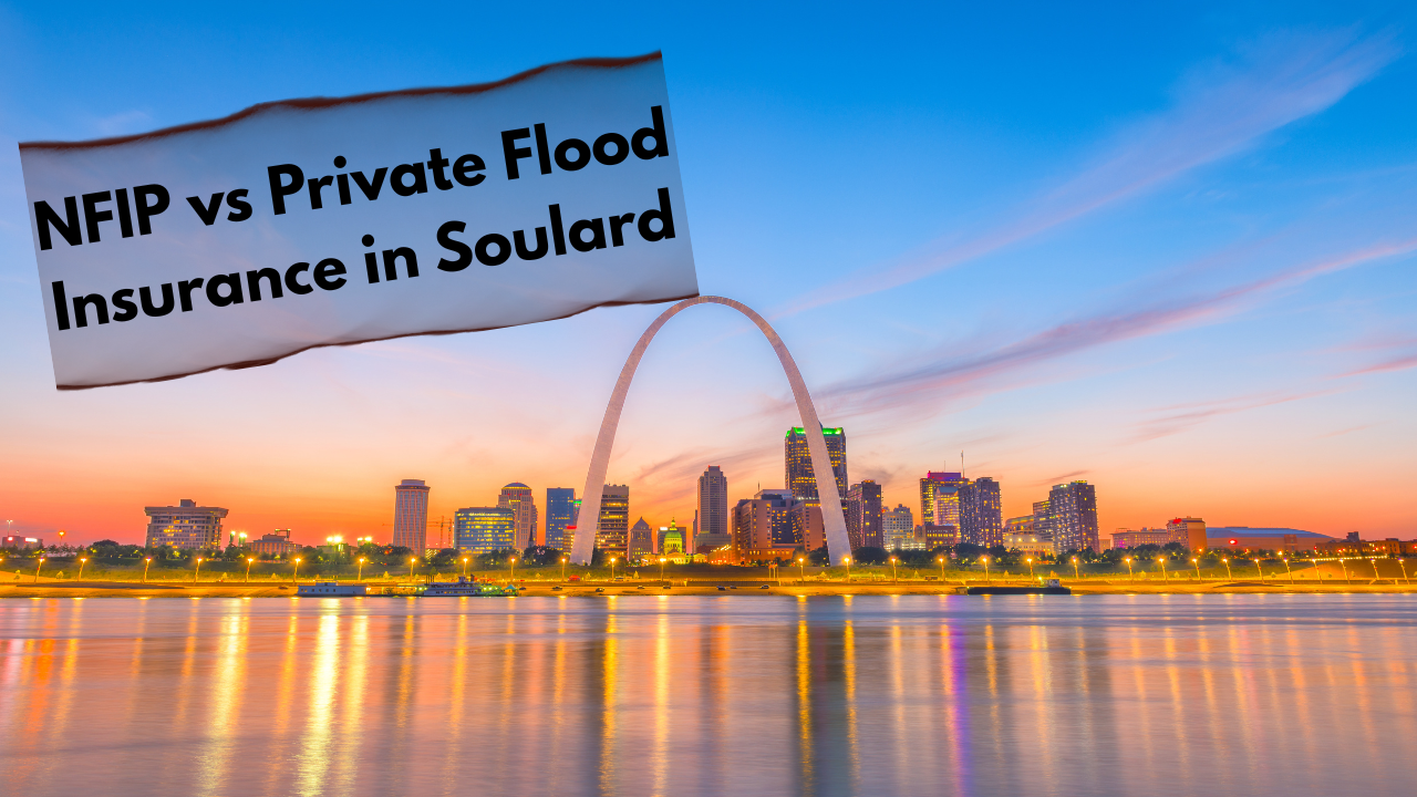 Sunset over the St. Louis skyline with the Gateway Arch reflected in the Mississippi River. A bold sign in the sky reads “NFIP vs Private Flood Insurance in Soulard,” highlighting a local comparison of coverage options.