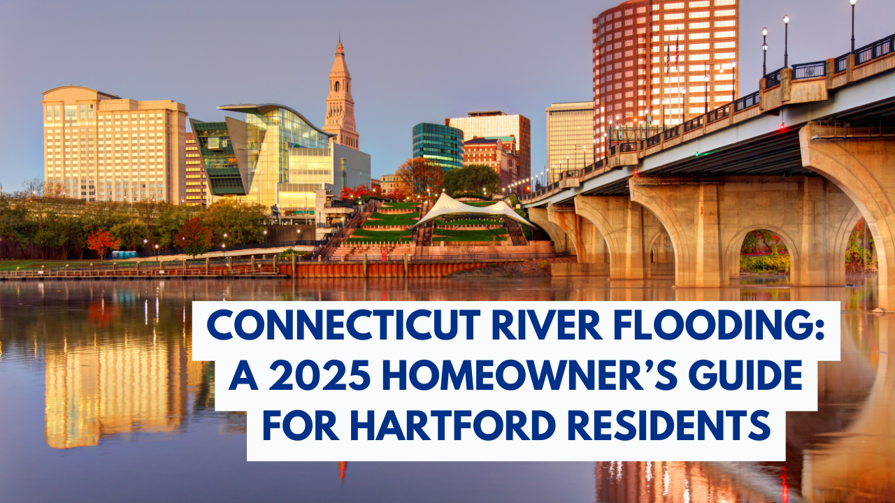 Downtown Hartford, Connecticut skyline at sunset with the Connecticut River in the foreground and bold title overlay: Connecticut River Flooding, A 2025 Homeowner’s Guide for Hartford Residents