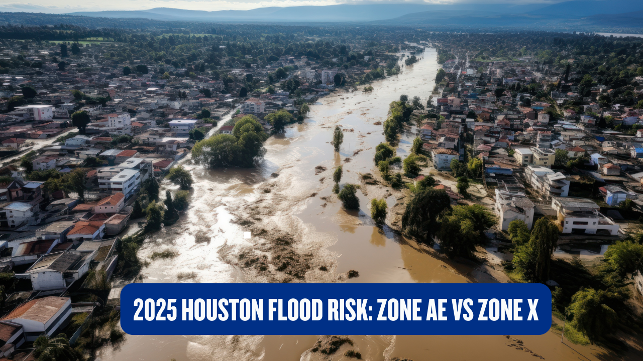 Aerial view of a flooded neighborhood in Houston, Texas, showing muddy water flowing through residential areas with trees and buildings partially submerged. Text overlay reads “2025 Houston Flood Risk: Zone AE vs Zone X.”