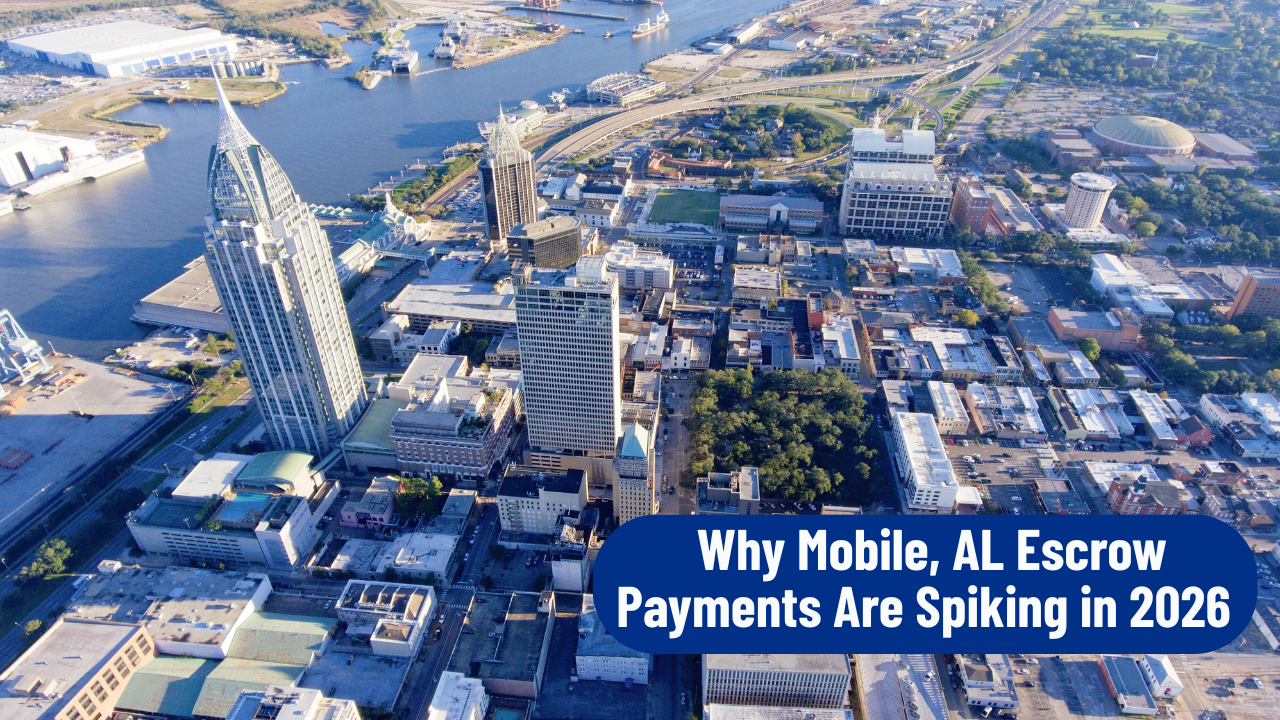 Aerial view of downtown Mobile, Alabama with high-rise buildings, roads, and waterways, overlaid with text: 