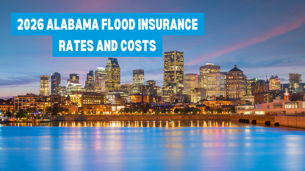 2026 Alabama flood insurance rates and costs graphic over Birmingham skyline at dusk