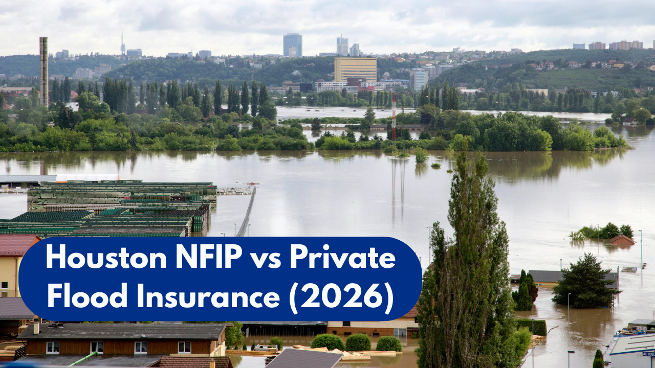 Flooded neighborhood in Houston Texas illustrating NFIP vs private flood insurance comparison in 2026