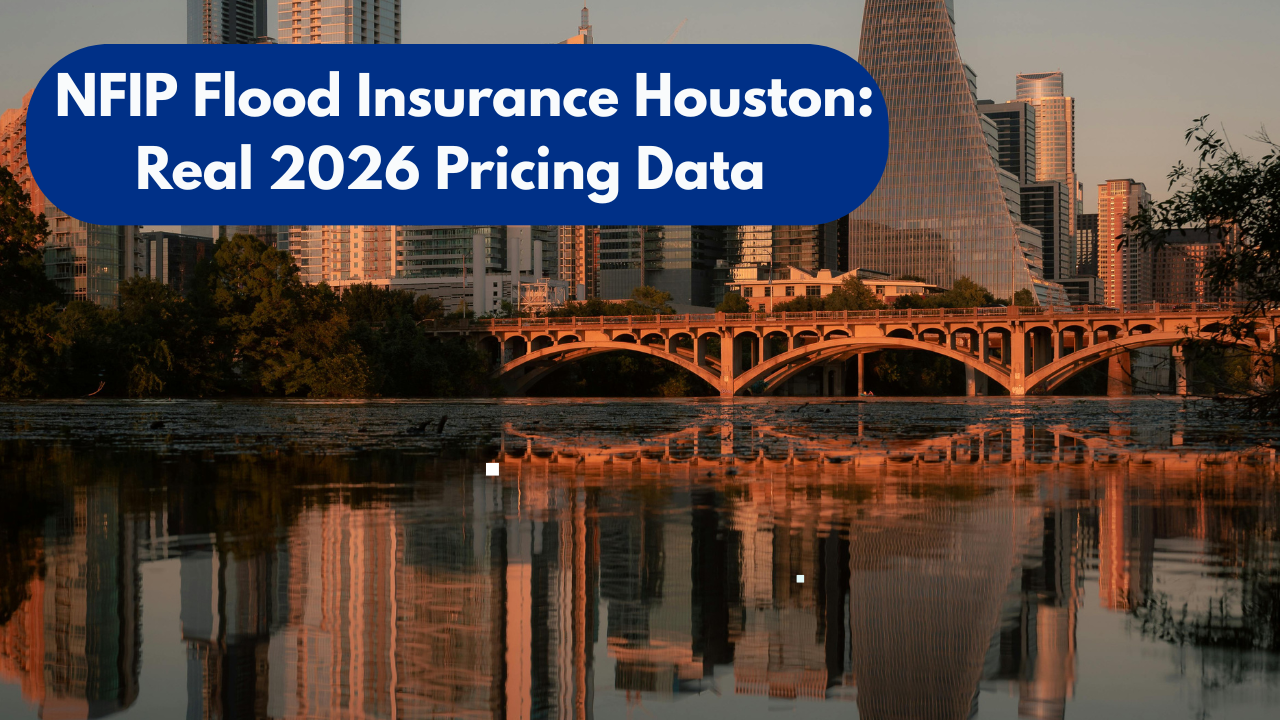 Houston skyline near Buffalo Bayou at sunset with text “NFIP Flood Insurance Houston Real 2026 Pricing Data”