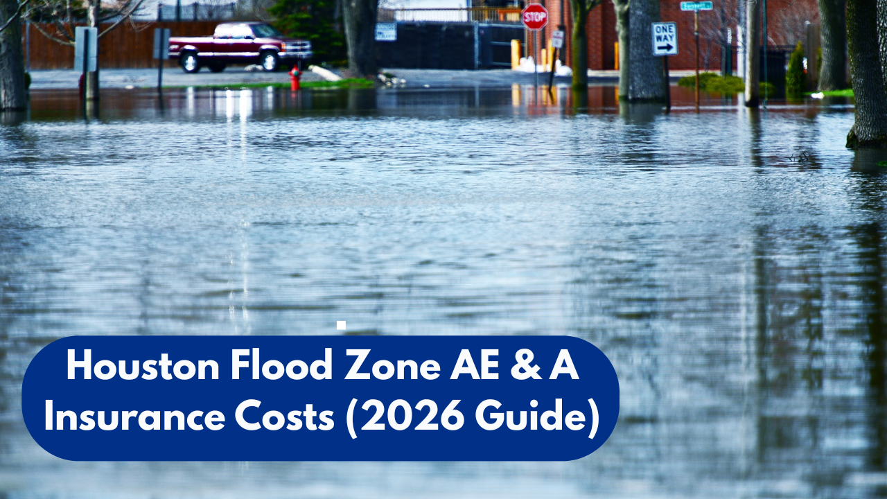 Flooded residential street in Houston with stop signs and standing water, overlay text reading “Houston Flood Zone AE & A Insurance Costs (2026 Guide)”