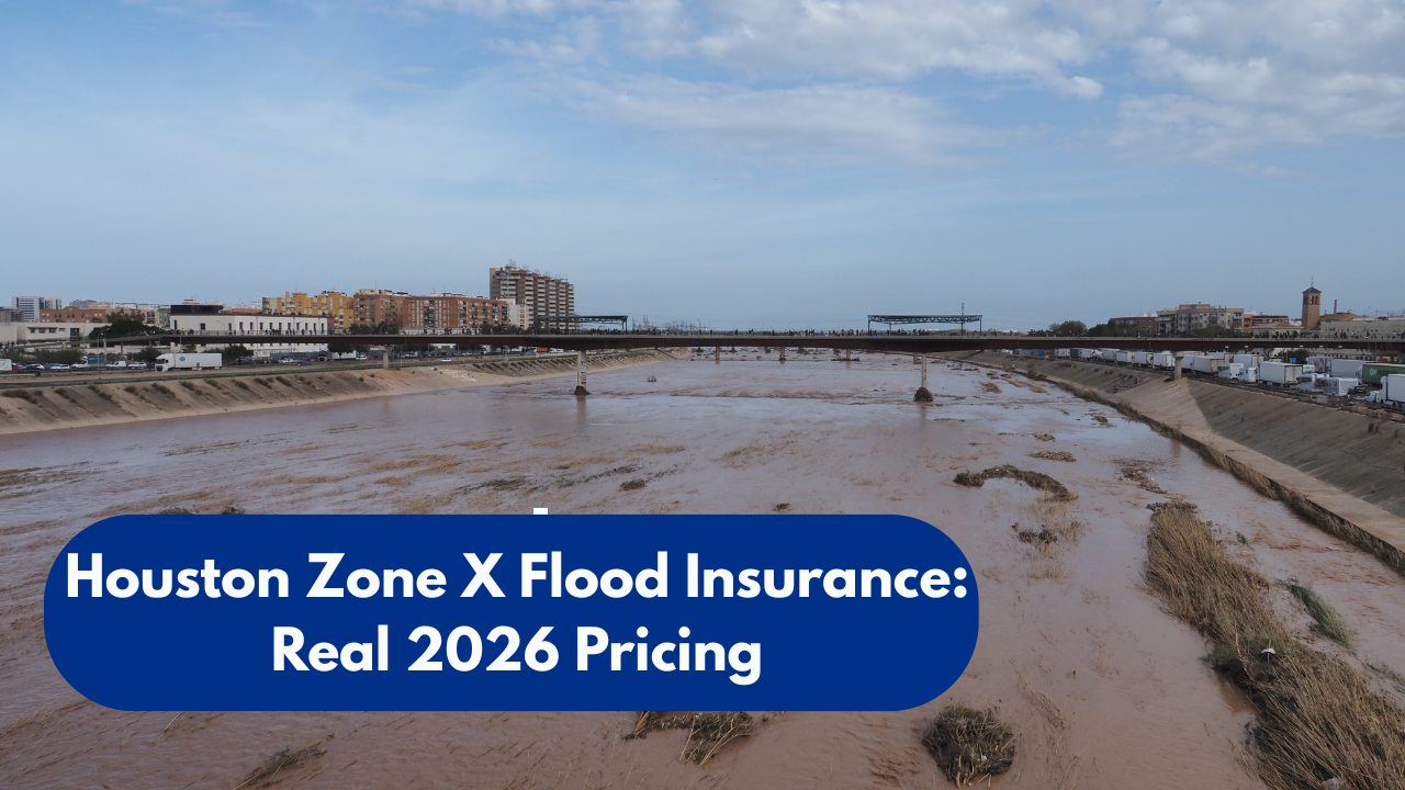 Flooded river channel in Houston with bridge and city buildings in background, overlay text reading “Houston Zone X Flood Insurance: Real 2026 Pricing”