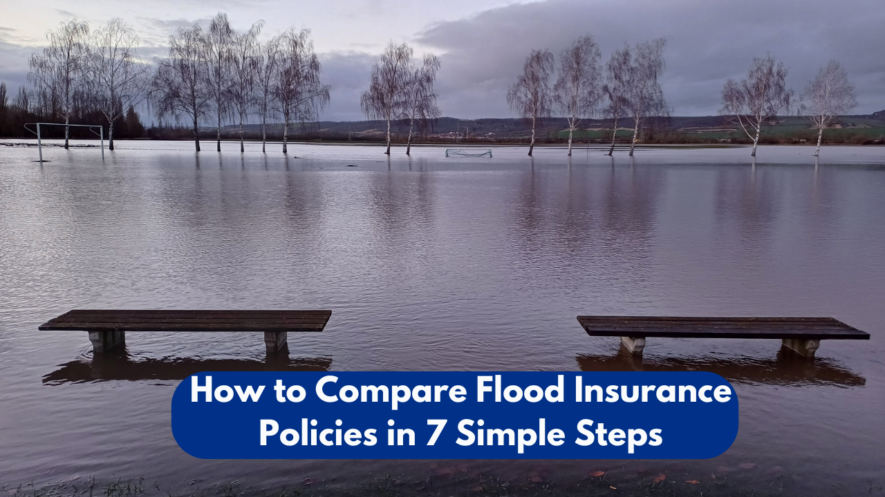 Flooded park with submerged benches and trees, illustrating flood risk and guide to comparing flood insurance policies in 7 steps