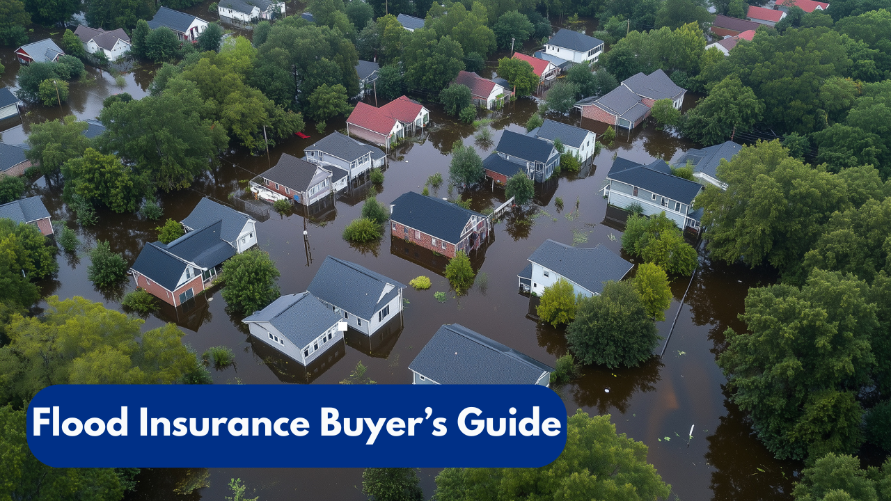 Aerial view of flooded neighborhood with homes surrounded by water, illustrating flood risk and a flood insurance buyer’s guide