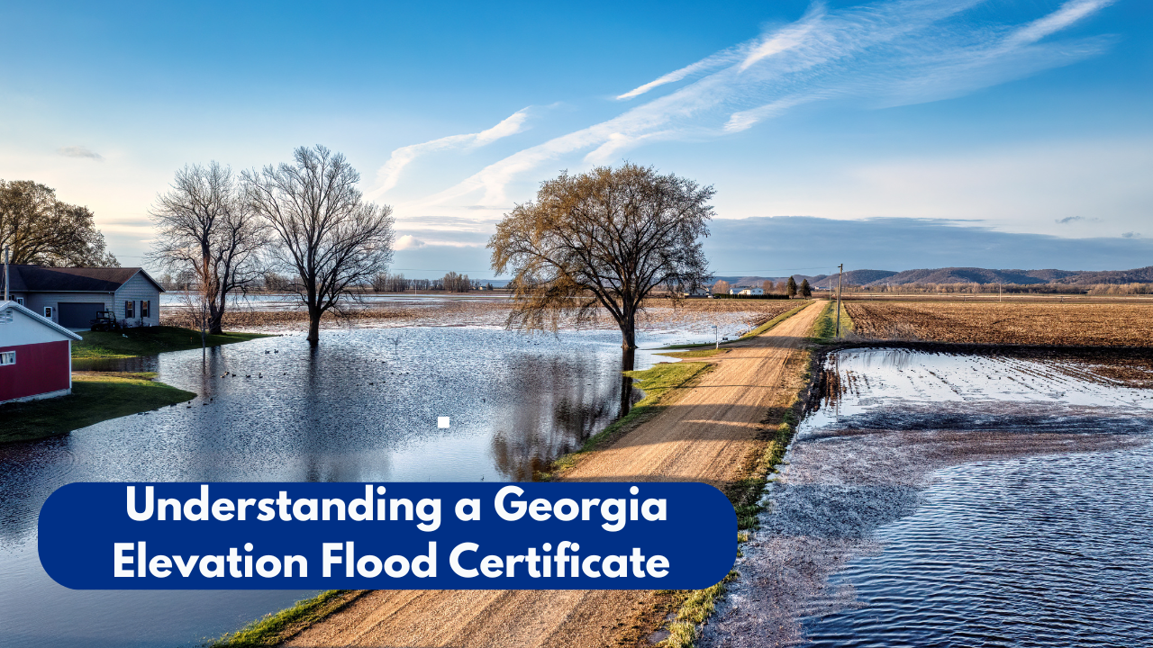 Flooded rural Georgia property with standing water surrounding a farmhouse and road, illustrating the importance of understanding a Georgia Elevation Certificate for flood insurance 