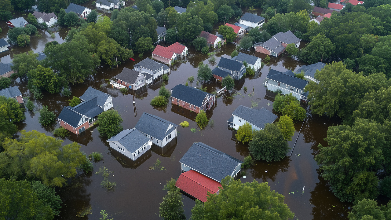 “Aerial view of a flooded residential neighborhood with homes and streets submerged in water, surrounded by trees after severe flooding.”