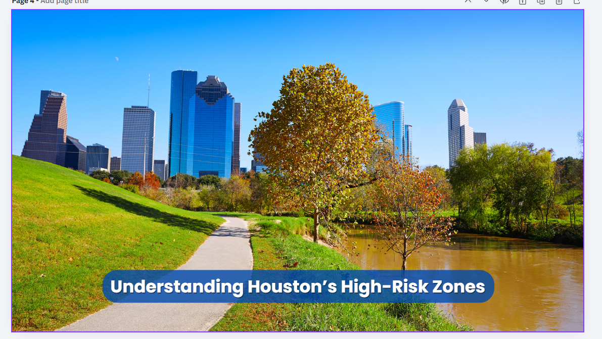 Houston skyline with bayou waterway illustrating high-risk flood zones A and AE