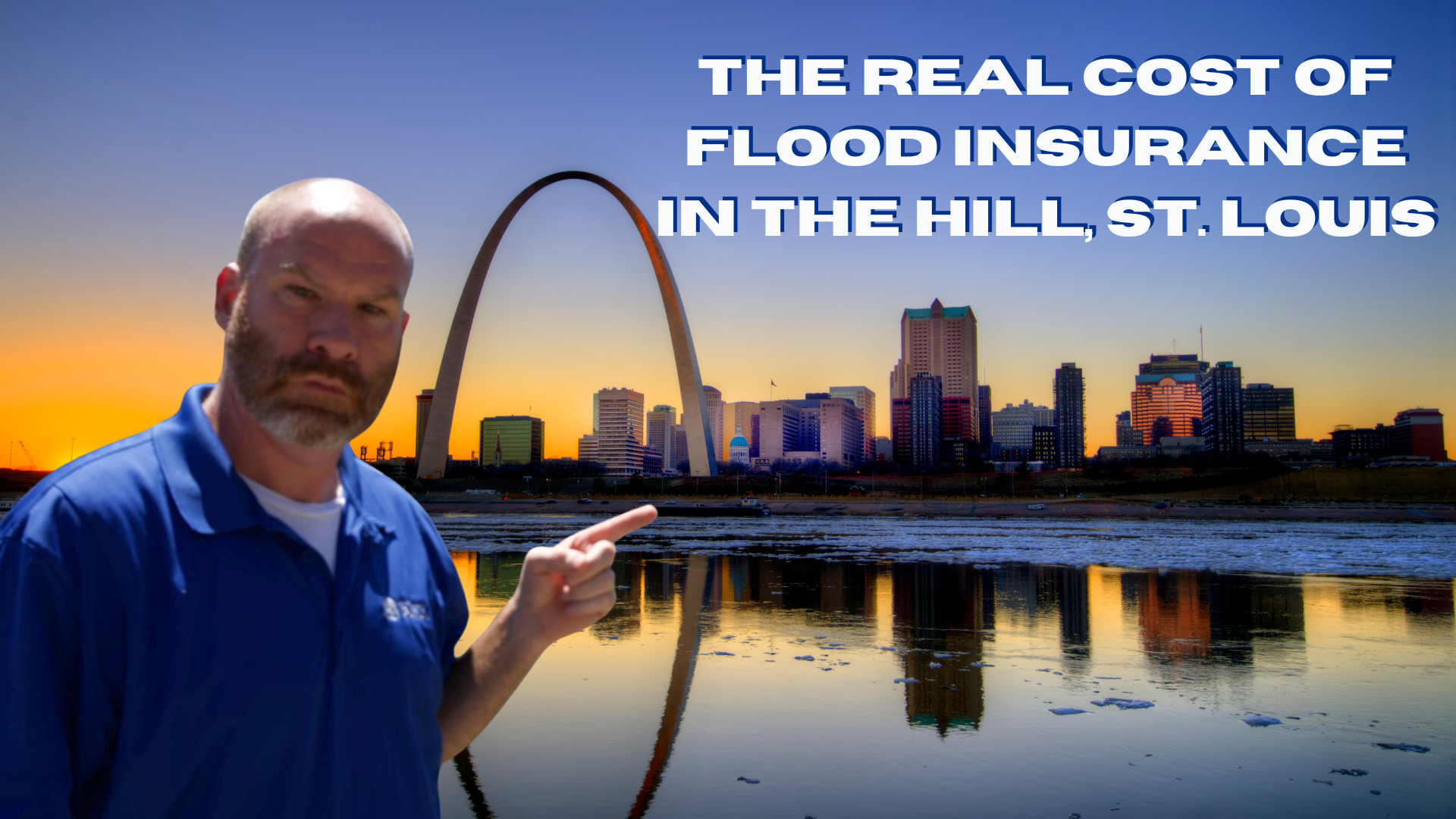 Man pointing at downtown St. Louis skyline with the Gateway Arch at sunset, highlighting the real cost of flood insurance in The Hill neighborhood.