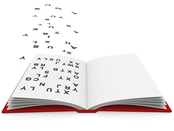 3D open book with fonts flying the pages - isolated over white