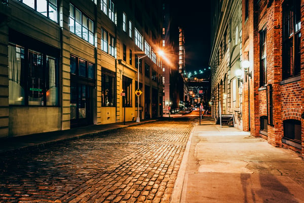 An alley at night, in Brooklyn, New York.