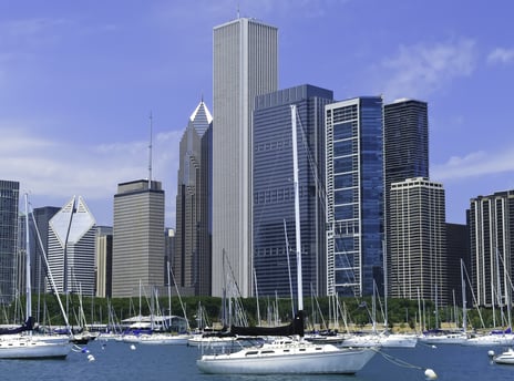 Boaters view of Chicago skyline in summer