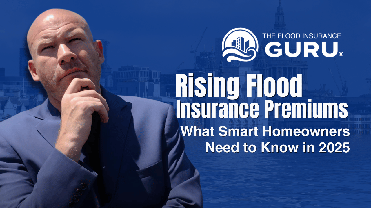 A rectangular banner with a deep blue-tinted city skyline over water in the background. On the left, a bald man in a navy suit poses thoughtfully with his hand on his chin. On the right, the logo “The Flood Insurance Guru” (a stylized building and waves) appears above large white text reading “Rising Flood Insurance Premiums” and smaller white text beneath it: “What Smart Homeowners Need to Know in 2025.”