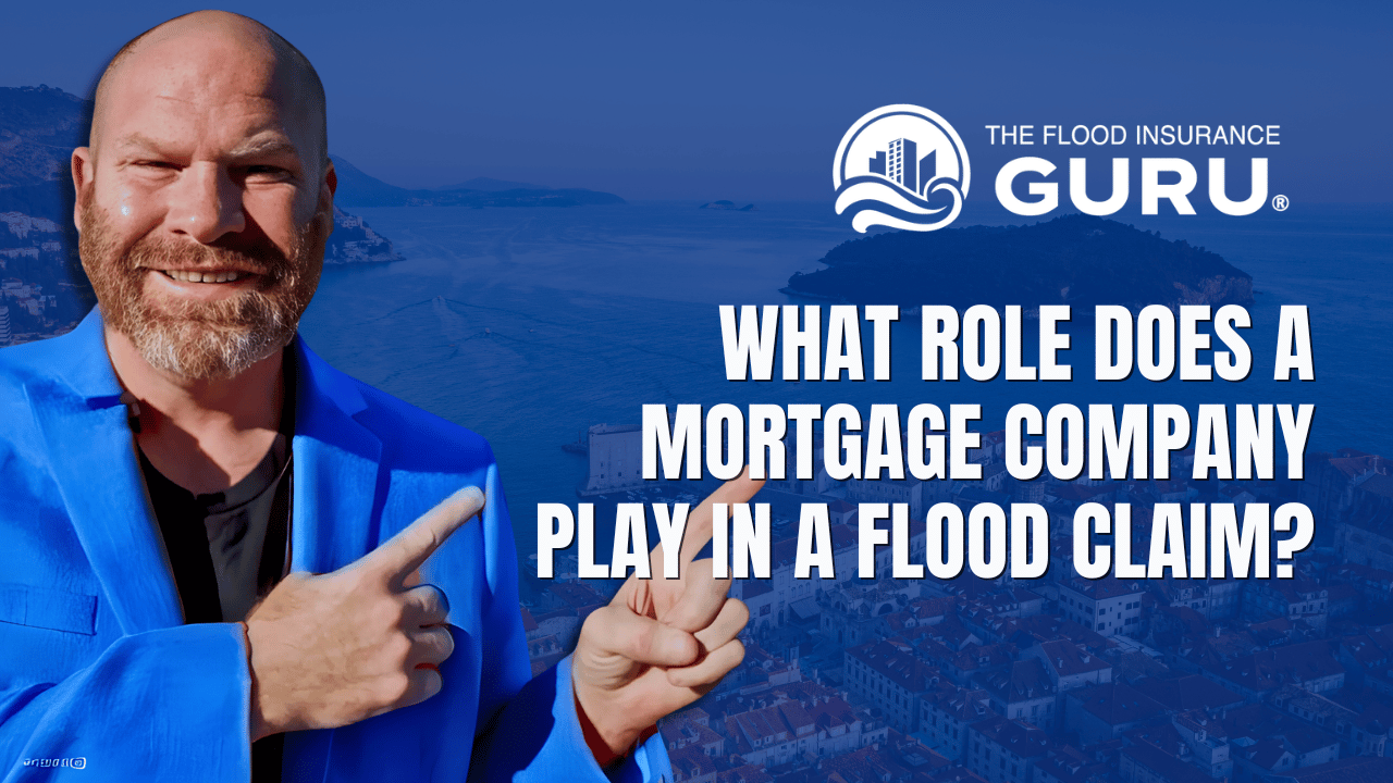 Chris Greene, The Flood Insurance Guru, smiling and pointing in a bright blue blazer with oceanfront background and bold text asking, 'What role does a mortgage company play in a flood claim?' — educational flood insurance content.