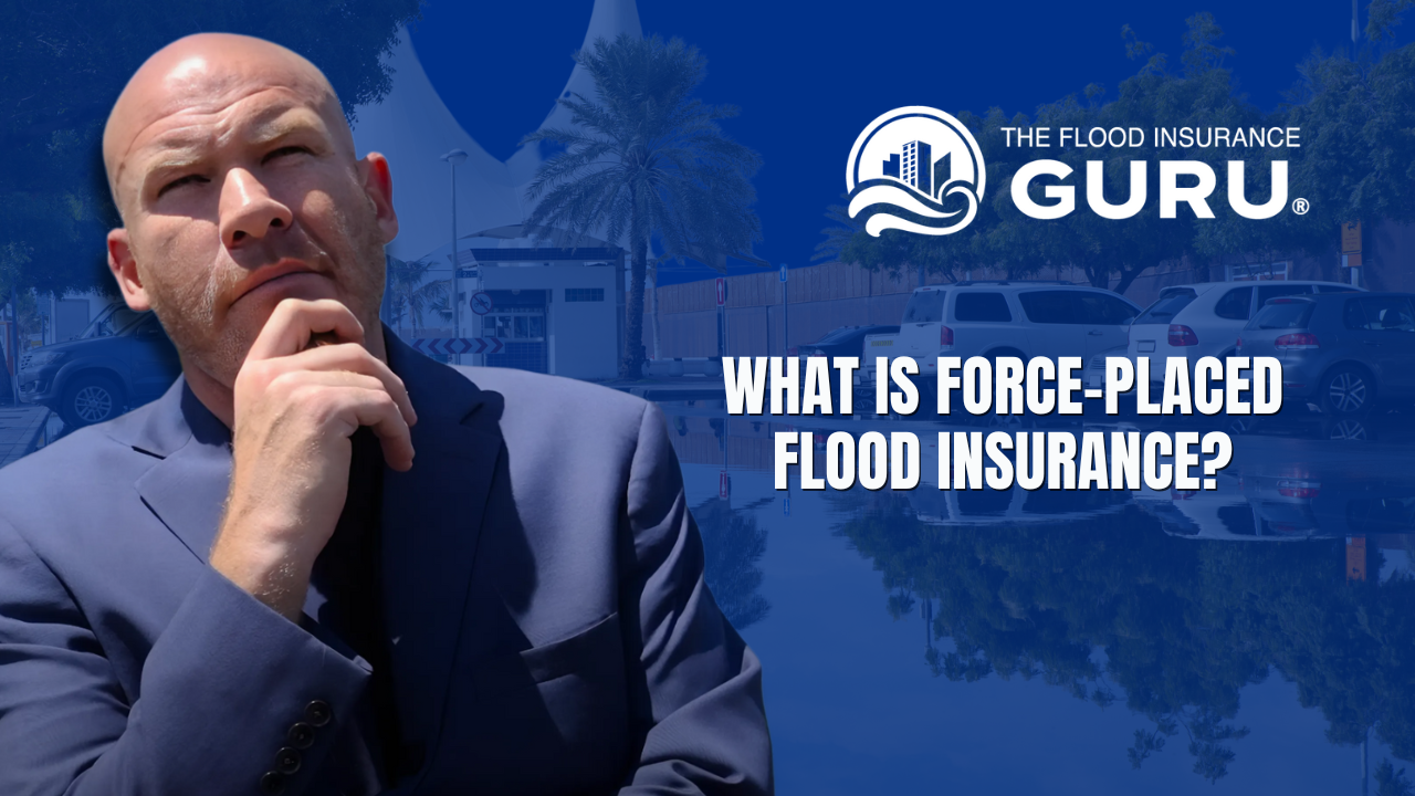 Man in suit thinking with text overlay that says 'What is Force-Placed Flood Insurance?' and The Flood Insurance Guru logo, educational flood insurance concept.