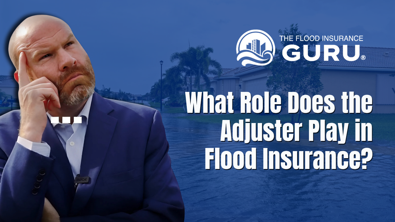 Man in suit looking thoughtful in front of a flooded suburban neighborhood, with text overlay reading “What Role Does the Adjuster Play in Flood Insurance?” and The Flood Insurance Guru logo in the background.