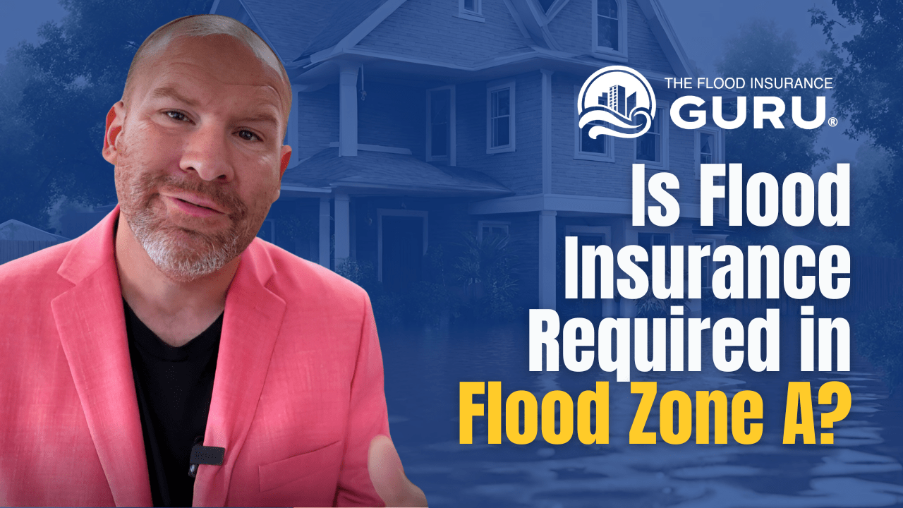 Chris Greene with the text saying Is Flood Insurance Required in Flood Zone A? and The Flood Insurance Guru logo