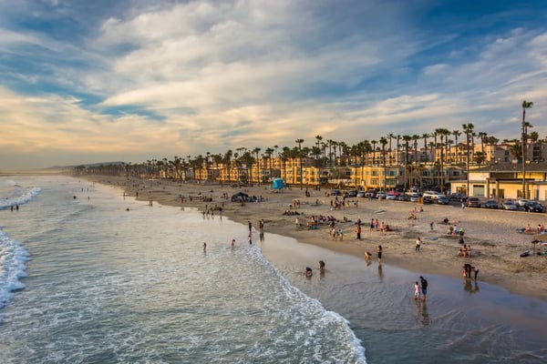 View of the beach from the pier in Oceanside, California.