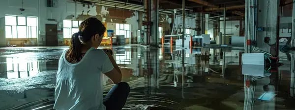 a person examining a building's lowest floor elevation compared to base flood elevation to estimate insurance expenses and mitigate flood risks
