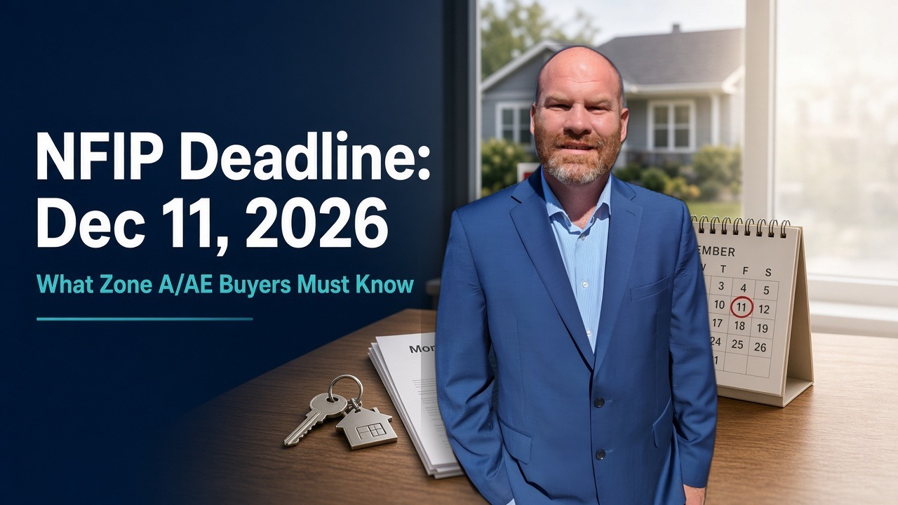 Chris Greene, flood insurance agent, beside a calendar with the December 11, 2026 NFIP deadline circled