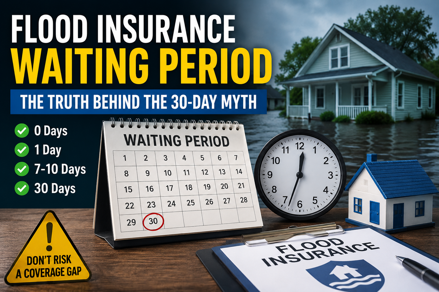 **Recommended Featured Image Alt Text:**  Flood insurance waiting periods infographic showing 0-day, 1-day, 3-to-15-day, and 30-day coverage timelines with flooded homes, insurance documents, clocks, and real estate transaction scenarios explaining NFIP and private flood insurance waiting periods.
