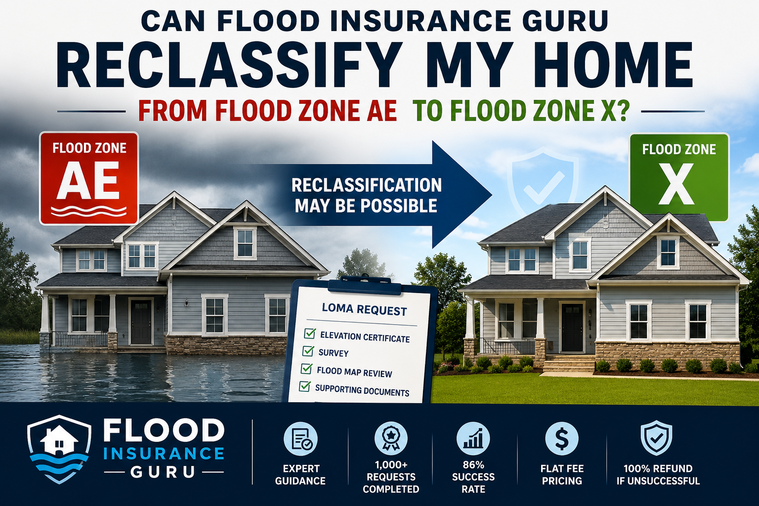 Graphic showing a home potentially being reclassified from FEMA Flood Zone AE to Flood Zone X through the LOMA process, featuring elevation certificate review, flood map documentation, Flood Insurance Guru branding, and messaging about flat-fee pricing, 1,000+ completed requests, and an 86% success rate.