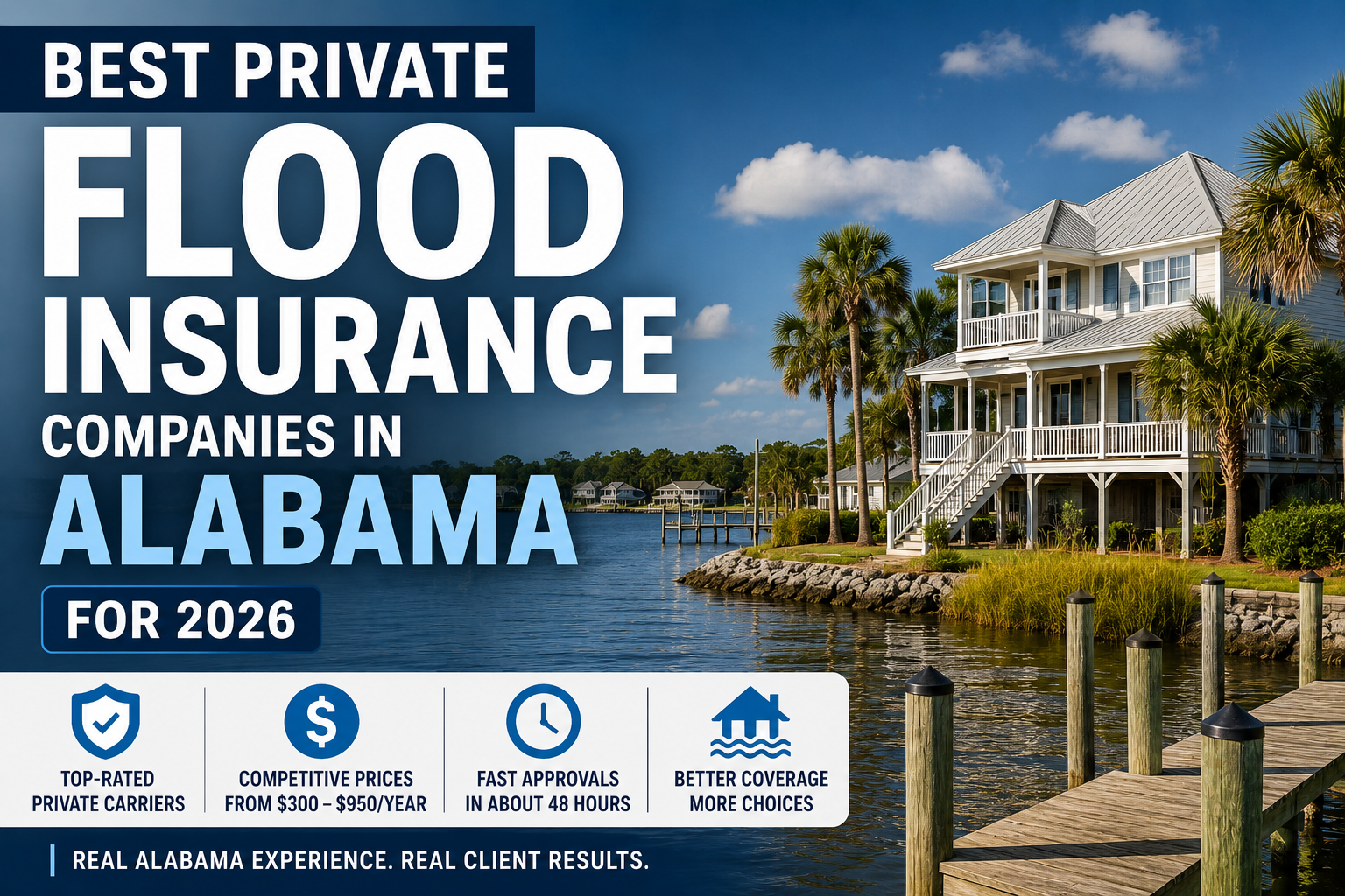 Waterfront homes in Alabama representing the best private flood insurance companies for Alabama homeowners in 2026, comparing private flood insurance options, coverage, and pricing.
