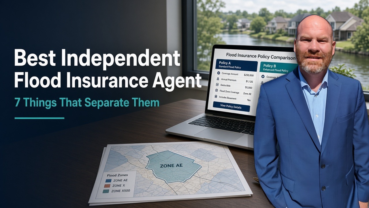 Chris Greene, independent flood insurance agent, next to a flood policy comparison and Zone AE flood map.