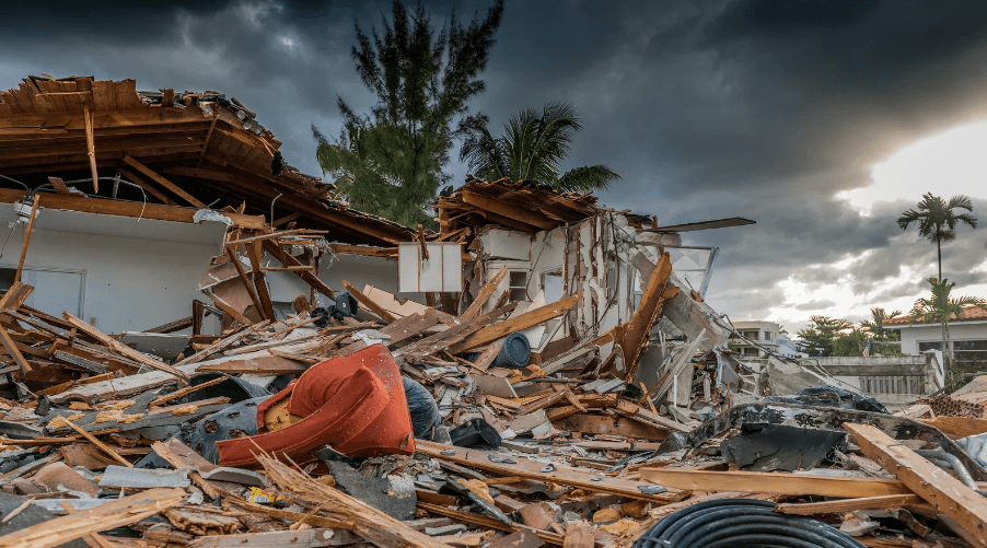 a home destroyed by a hurricane and flood damage