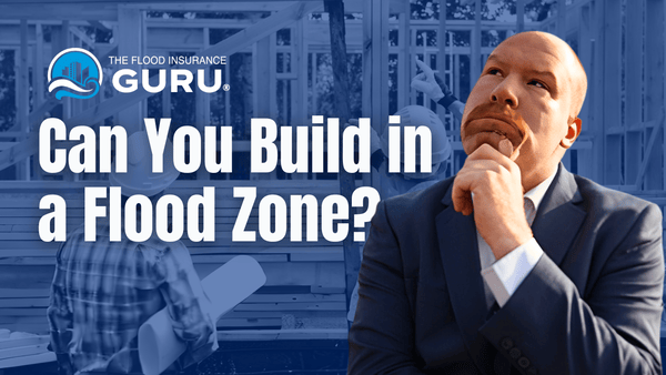 logo of The Flood Insurance Guru, can you build a flood text and a picture of Chris Greene in a thinking pose